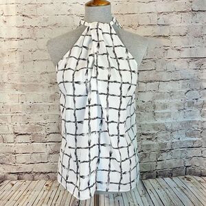 41 Hawthorn High Neck Sleeveless Blouse Faux Crossover Tie Black White Medium